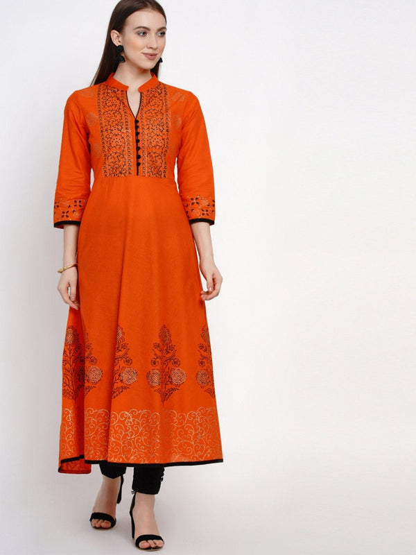 Orange Festive Ajrakh Hand Block Cotton Printed Anarkali - Inayat | WomensFashionFun