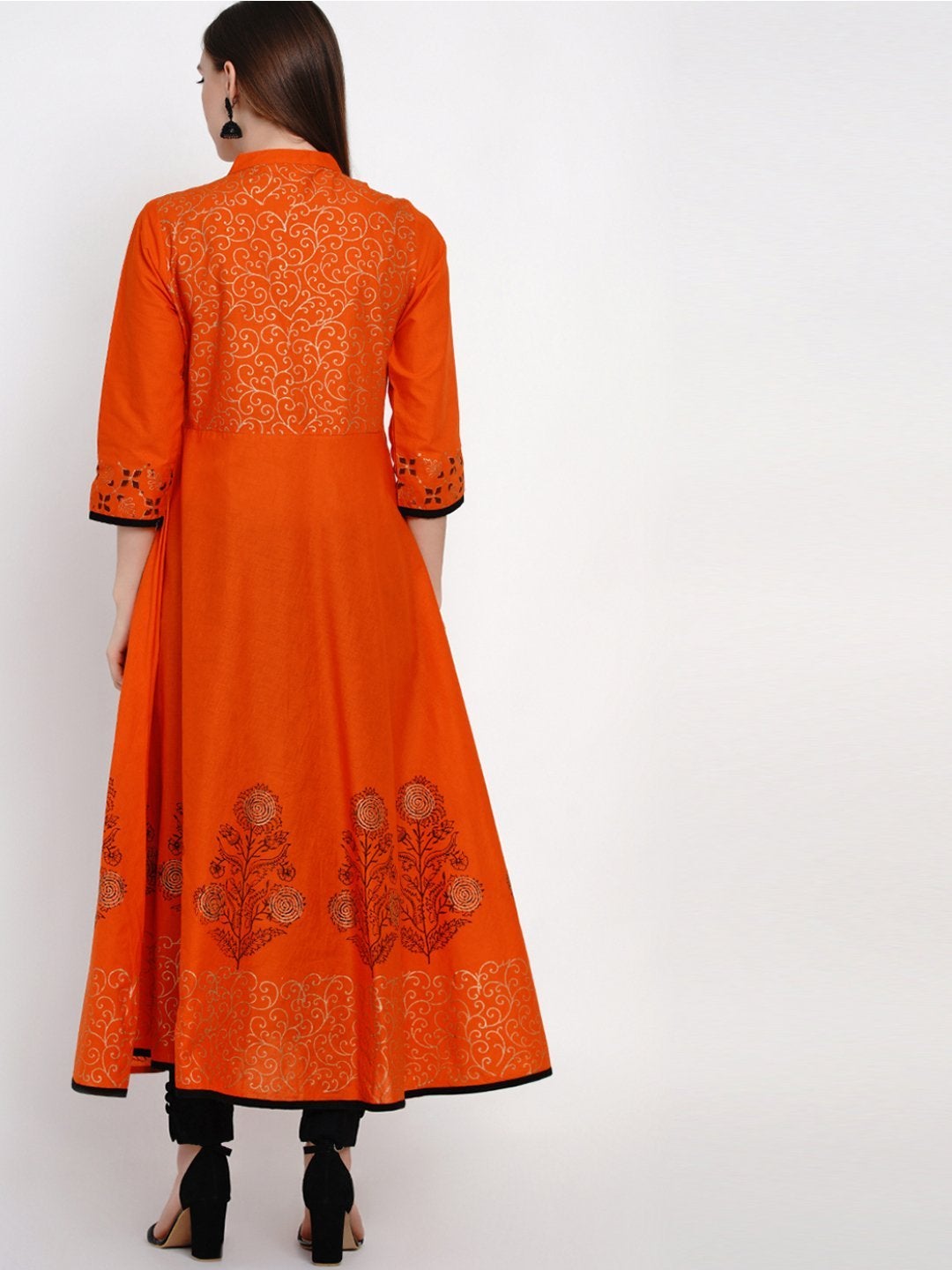 Orange Festive Ajrakh Hand Block Cotton Printed Anarkali - Inayat