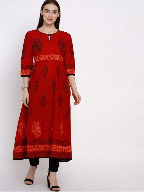 Dark Red Festive Ajrakh Hand Block Cotton Printed Anarkali - Inayat | WomensFashionFun