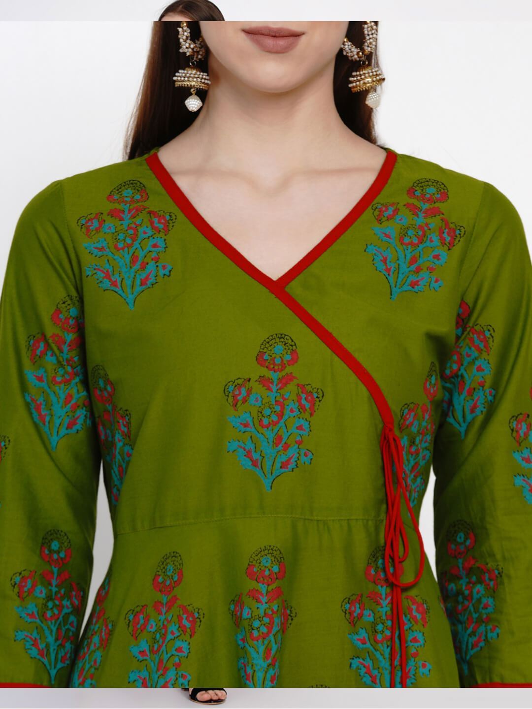Green Overlap Cotton Anarkali with Ajrakh Hand Block Print - Inayat