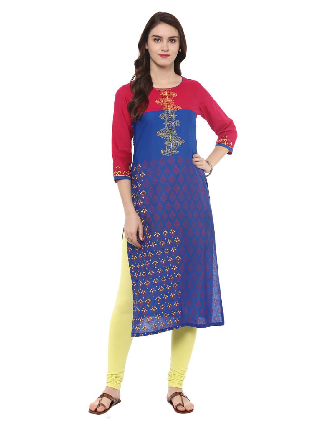Navy Blue And Red color Ajrakh Hand Block Cotton Printed Straight Kurta - Noor