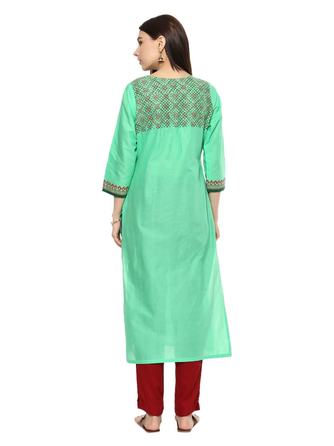 Pista Green Ajrakh Hand Block Cotton Printed Straight Kurta - Noor