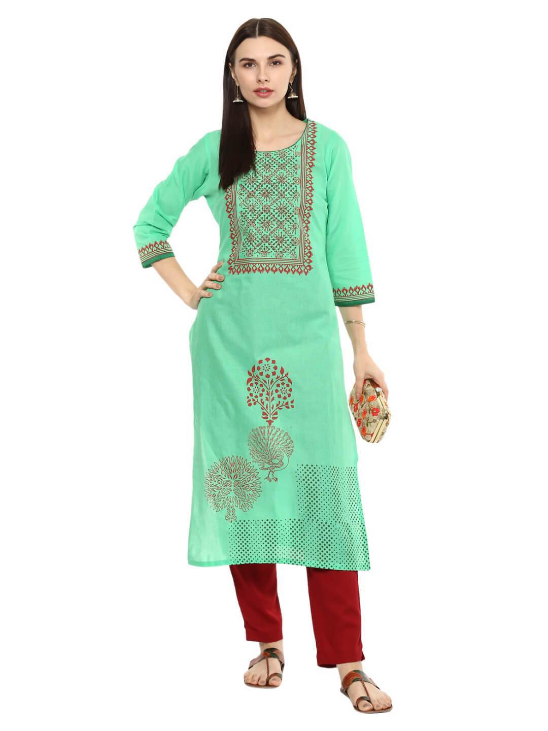 Pista Green Ajrakh Hand Block Cotton Printed Straight Kurta - Noor