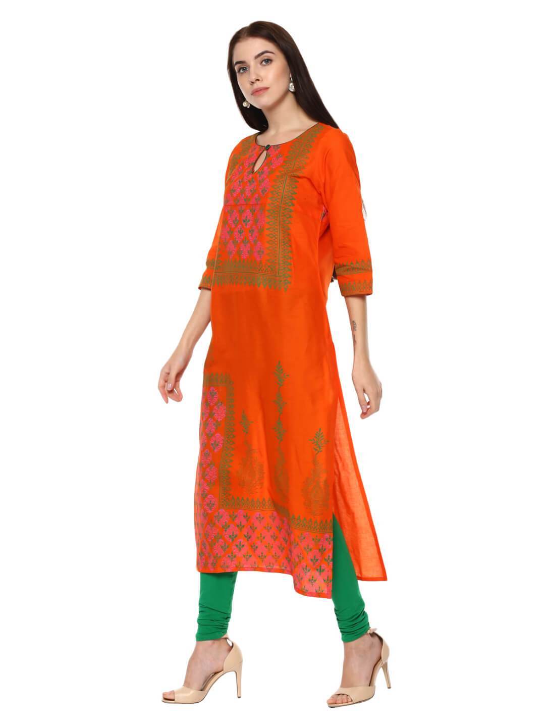 Orange And Green Ajrakh Hand Block Cotton Printed Straight Kurta - Inayat