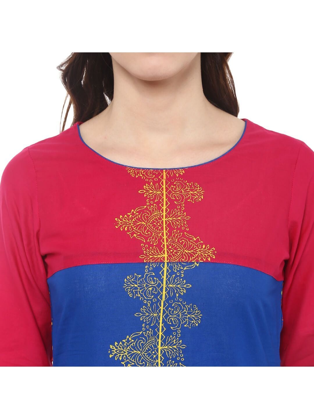 Navy Blue And Red color Ajrakh Hand Block Cotton Printed Straight Kurta - Noor