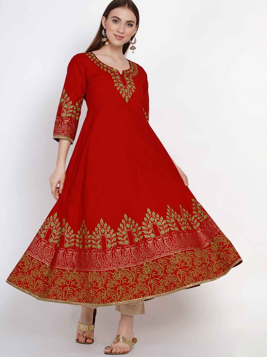 Minimal Red Cotton Handblocked Anarkali - Inayat