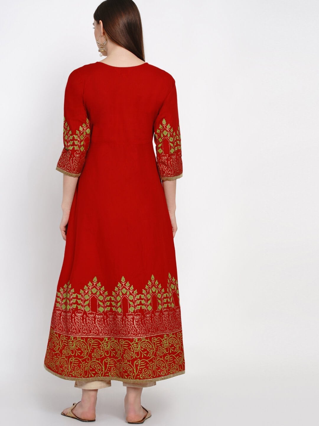 Minimal Red Cotton Handblocked Anarkali - Inayat