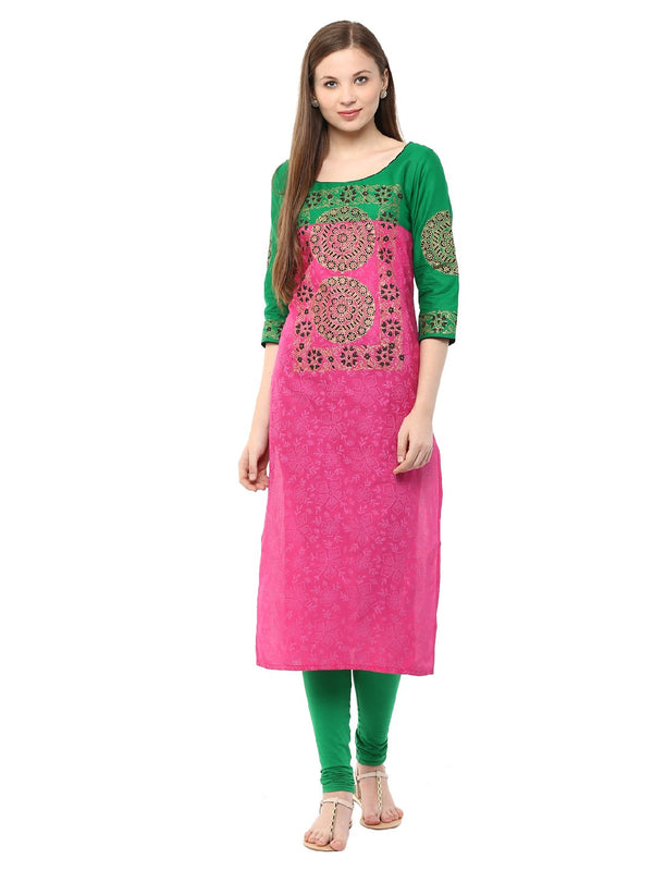 Pink and Green  Ajrakh Hand Block  Printed Cotton Straight Kurta