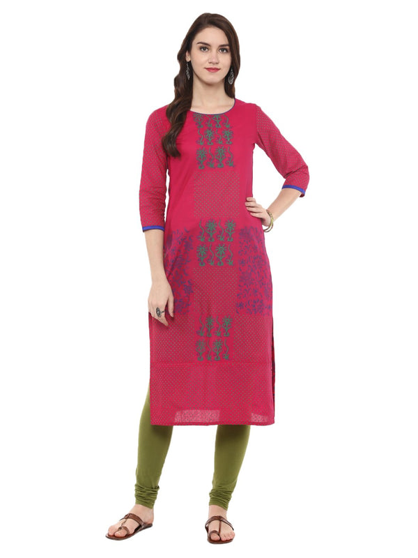 Pink Ajrakh Hand Block Cotton Printed Straight Kurta with Turquoise Floral Prints