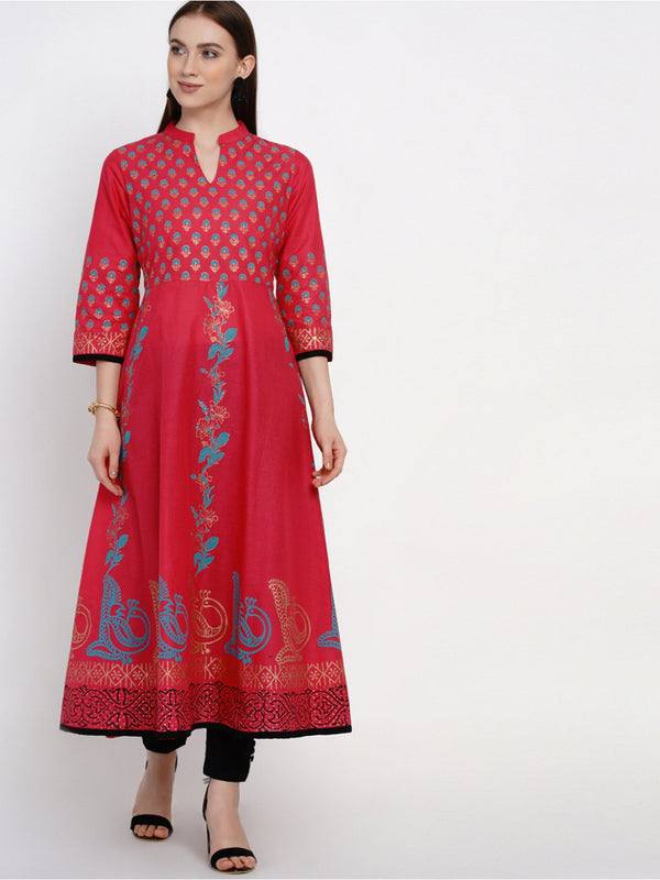 Fuchsia Red Festive Ajrakh Hand Block Cotton Printed Anarkali | WomensFashionFun