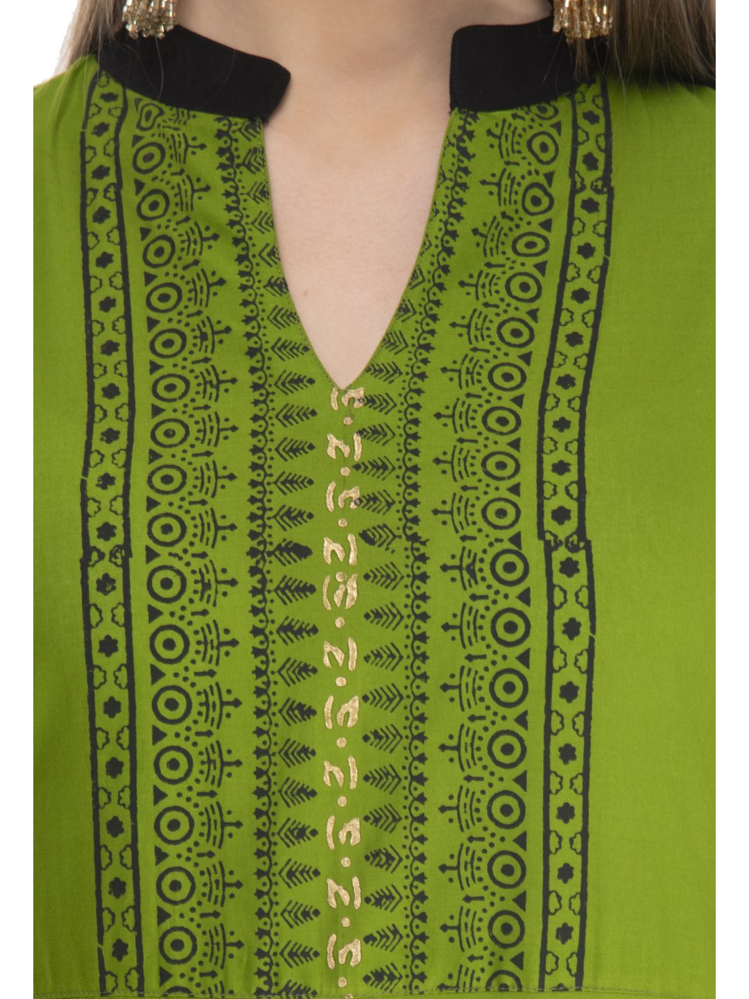 Minimal Olive Green Cotton Anarkali With Ajrakh Hand Block Golden Foil Print