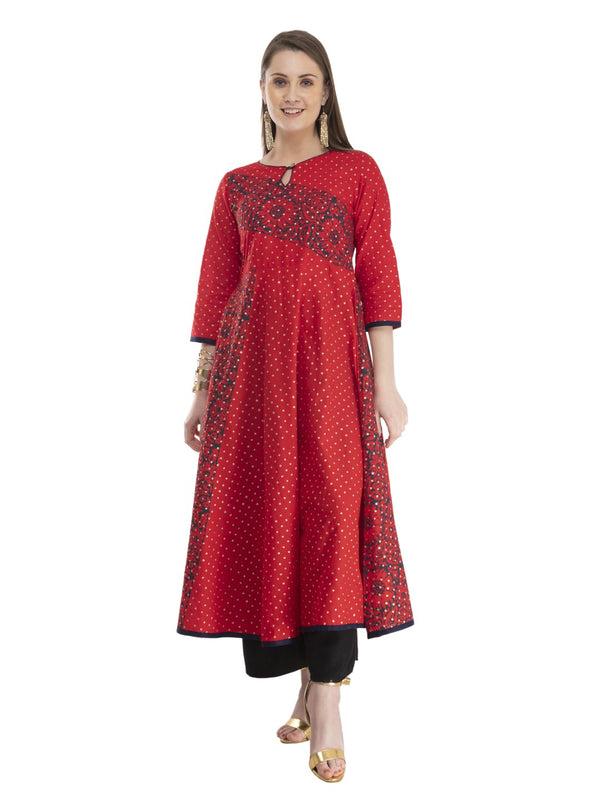 Modern Red Cotton Anarkali with Ajrakh Hand Block Print | WomensFashionFun