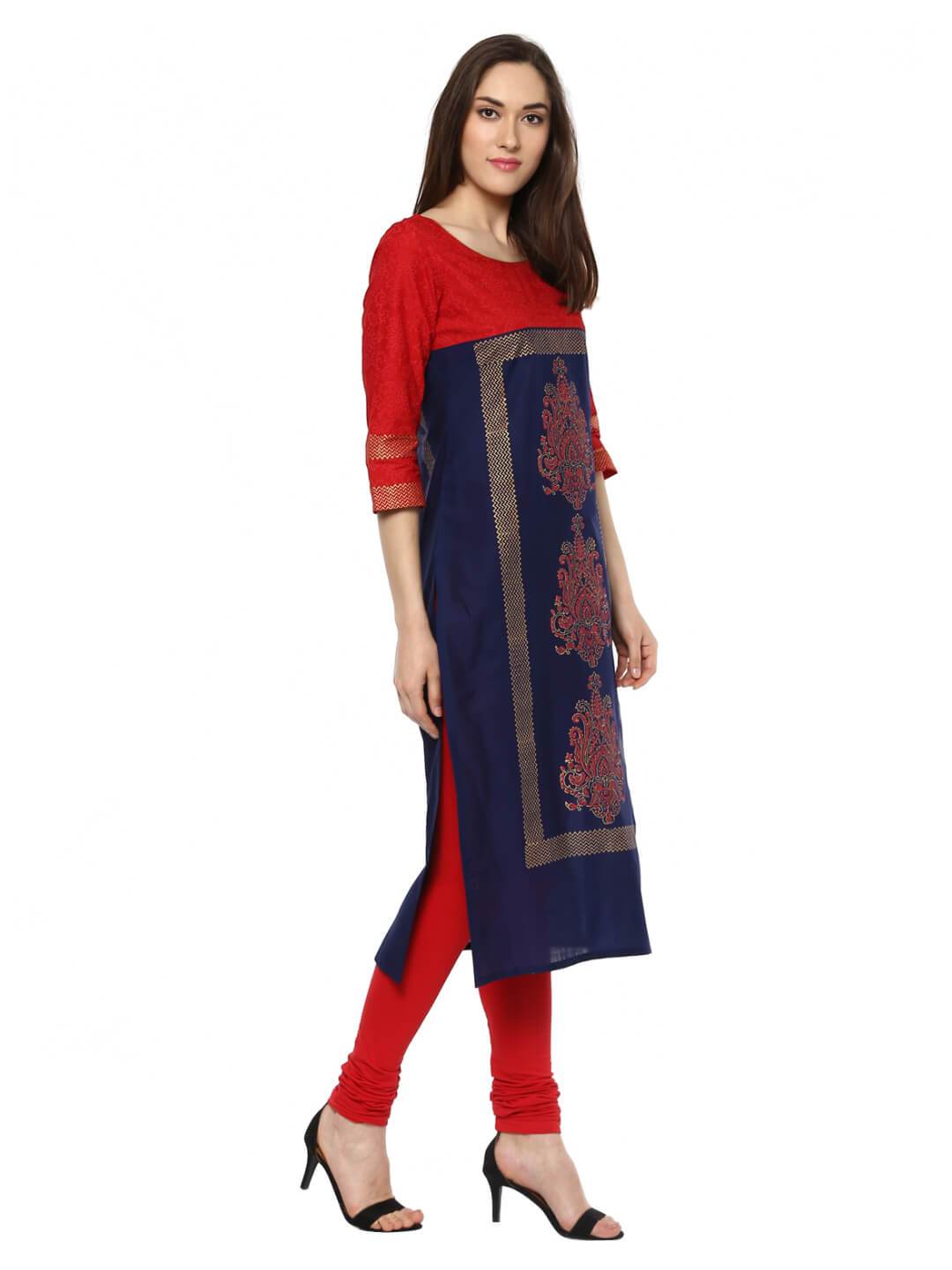 Red And Blue Tribal Ajrakh Hand Block Cotton Printed Straight Kurta - Inayat