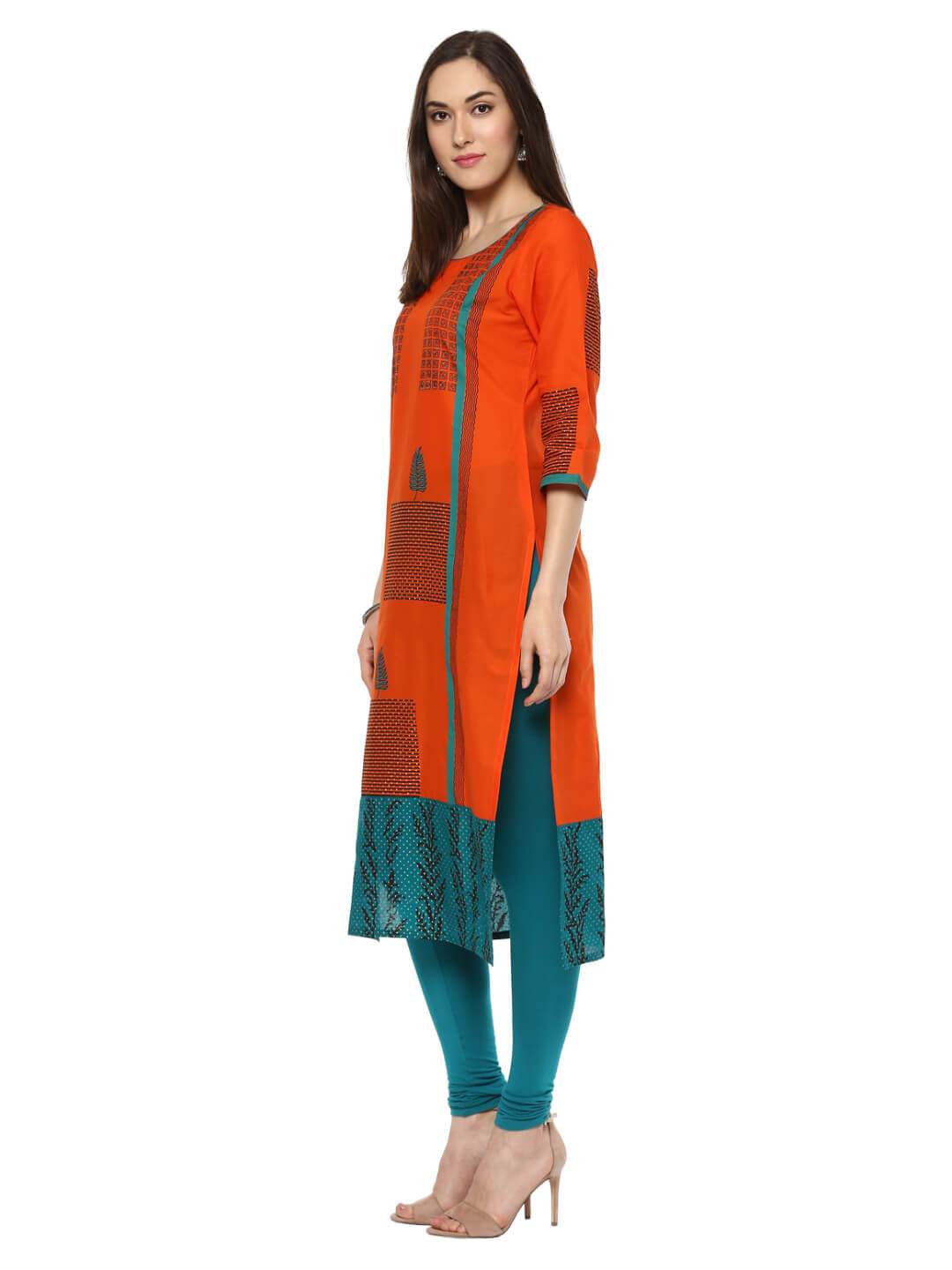 Orange & Turquoise Ajrakh Hand Block Cotton Printed Straight Kurta - Inayat