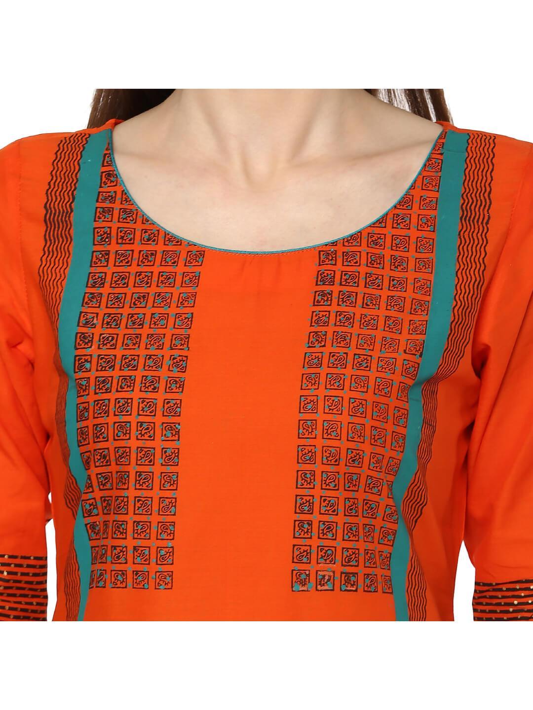 Orange & Turquoise Ajrakh Hand Block Cotton Printed Straight Kurta - Inayat
