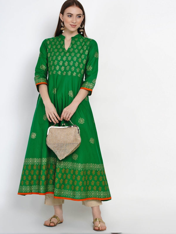 Festive Green Cotton Anarkali with Ajrakh Hand Block Print - Inayat