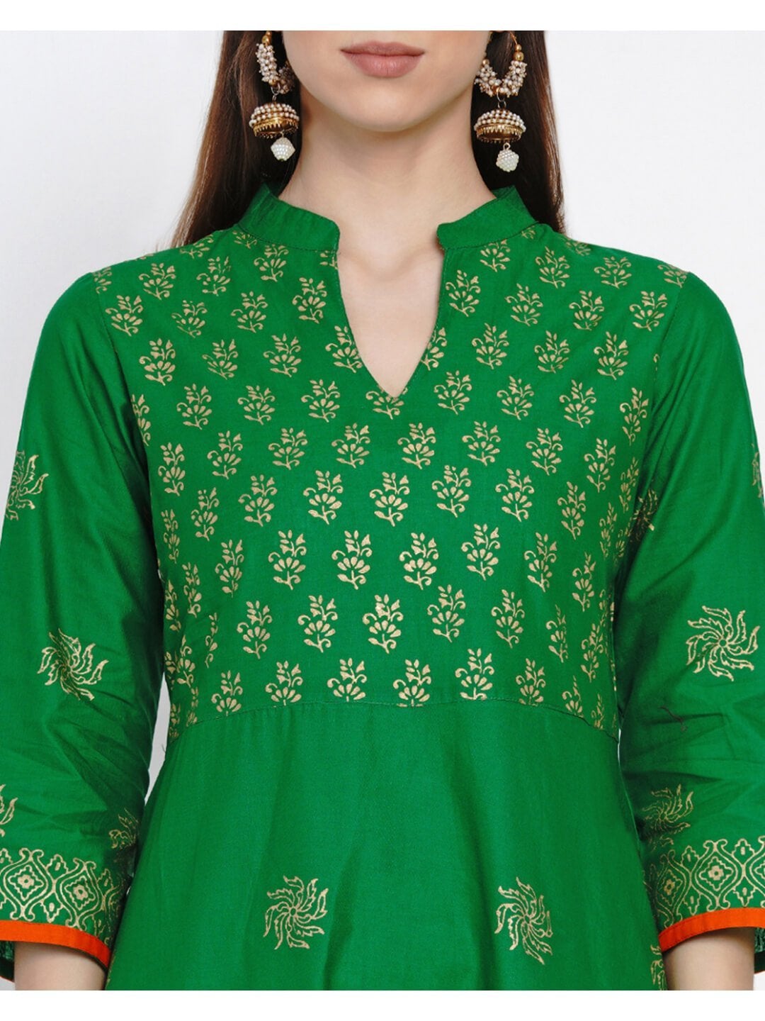 Festive Green Cotton Anarkali with Ajrakh Hand Block Print - Inayat