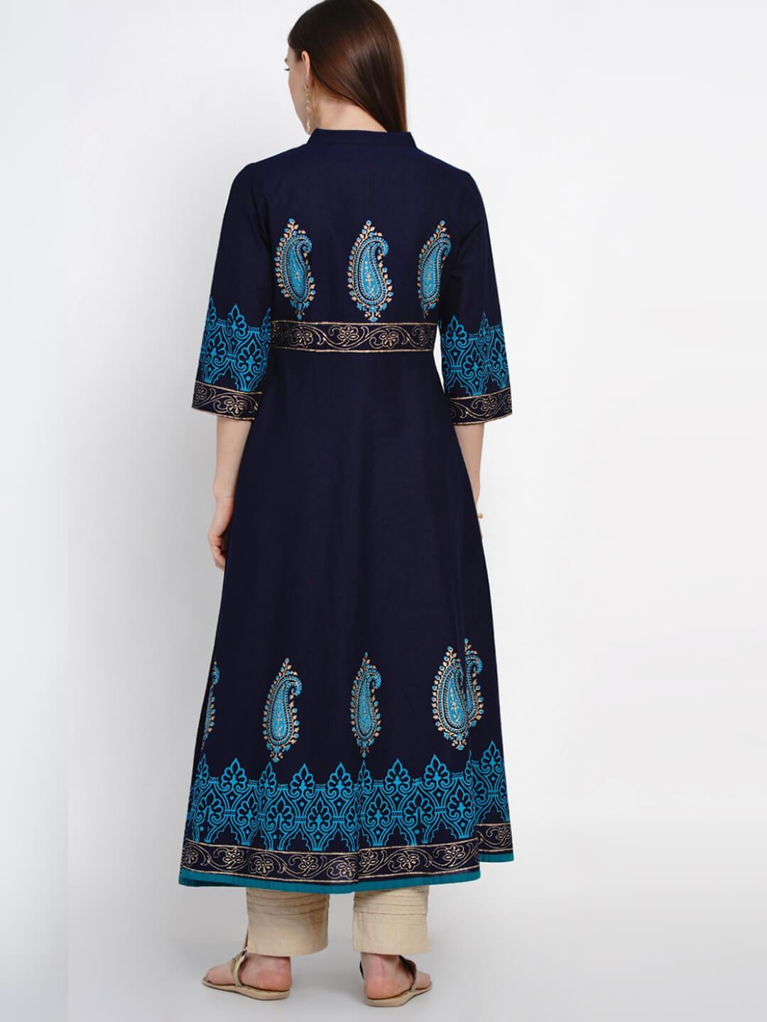 Traditional Coral Blue Cotton Anarkali with Ajrakh Hand Block Print - Inayat