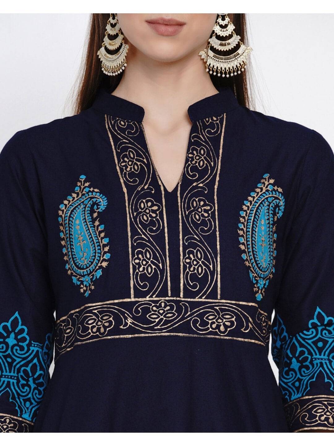 Traditional Coral Blue Cotton Anarkali with Ajrakh Hand Block Print - Inayat