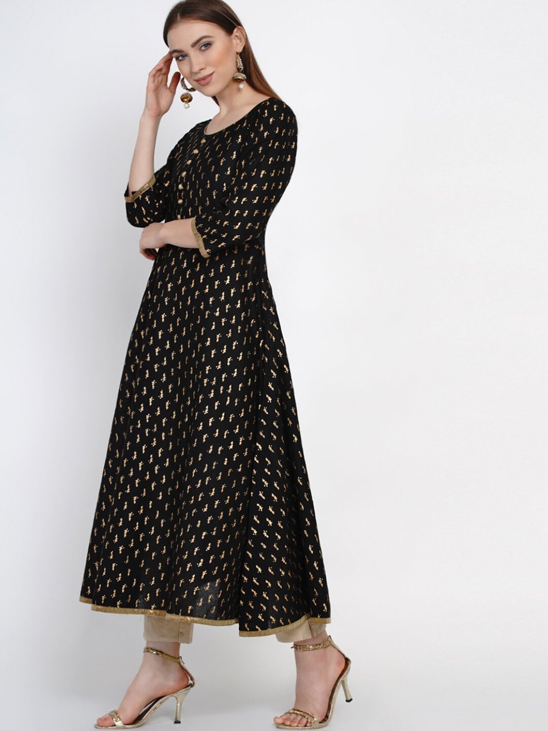 Black And Golden Cotton Printed Anarkali With Ajrakh Hand Block Print