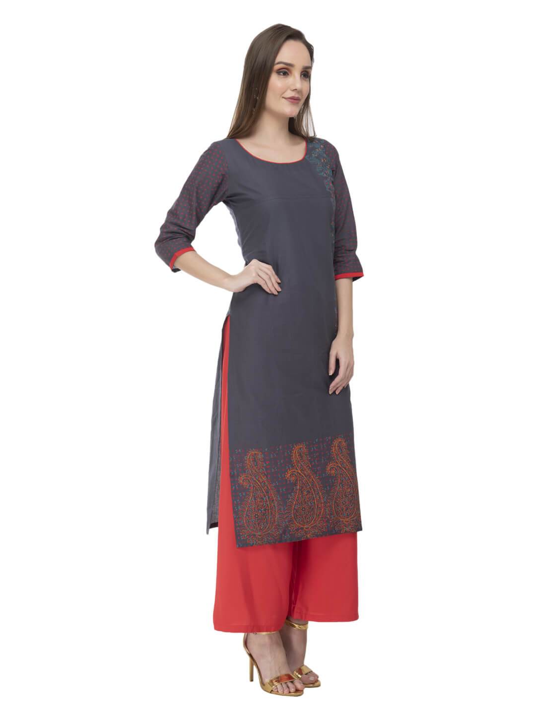 Grey Ajrakh Hand Block Cotton Printed Straight Kurta -Noor