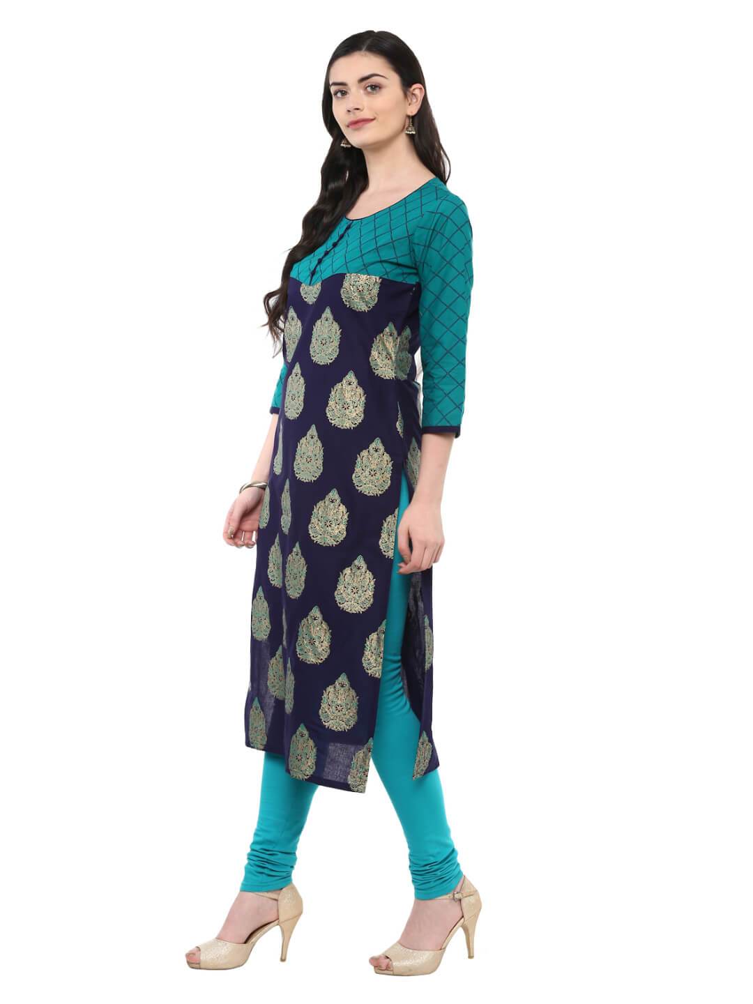 Indigo And Turquoise Ajrakh Hand Block Cotton Printed Straight Kurta - Noor