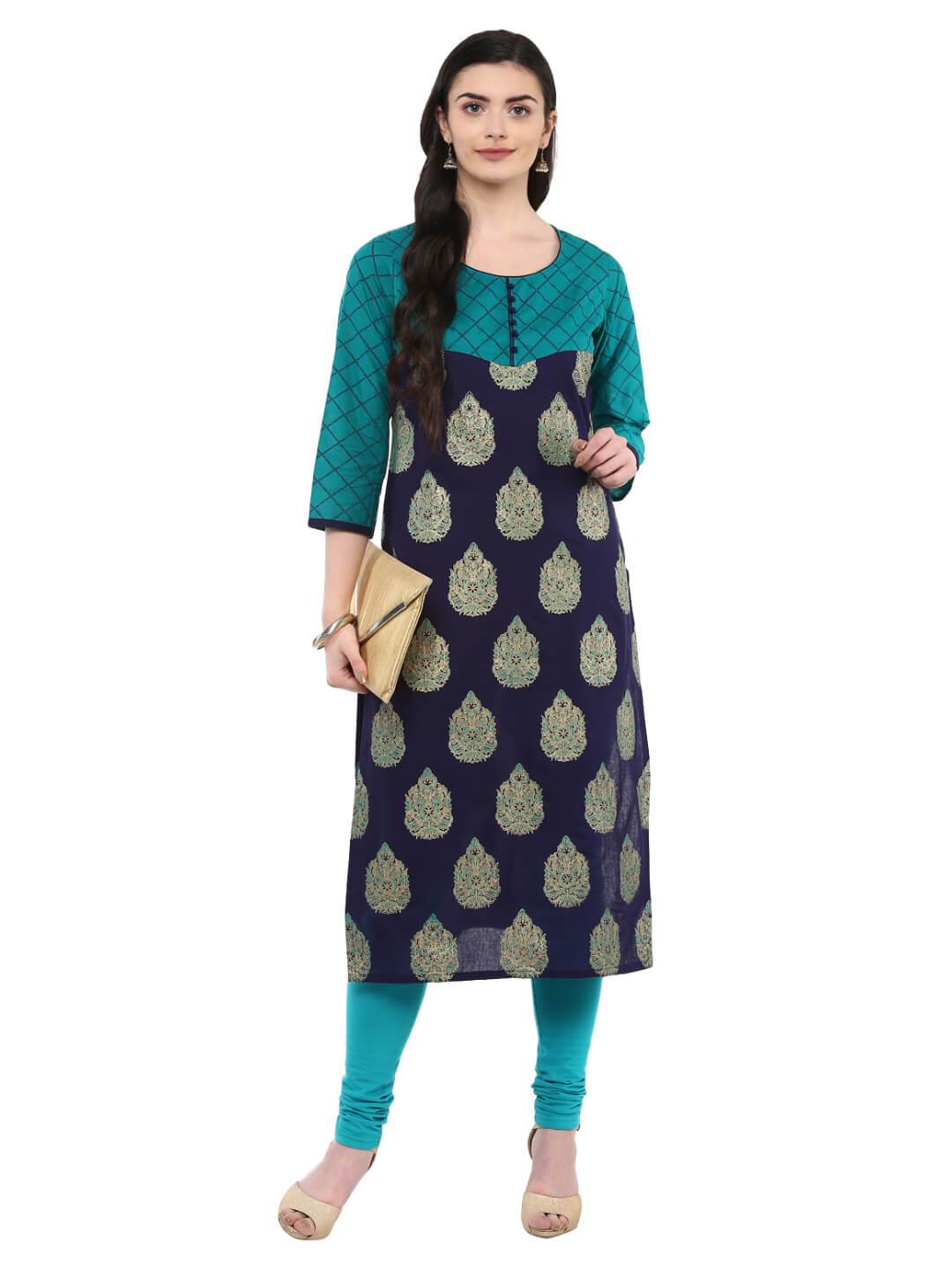 Indigo And Turquoise Ajrakh Hand Block Cotton Printed Straight Kurta - Noor