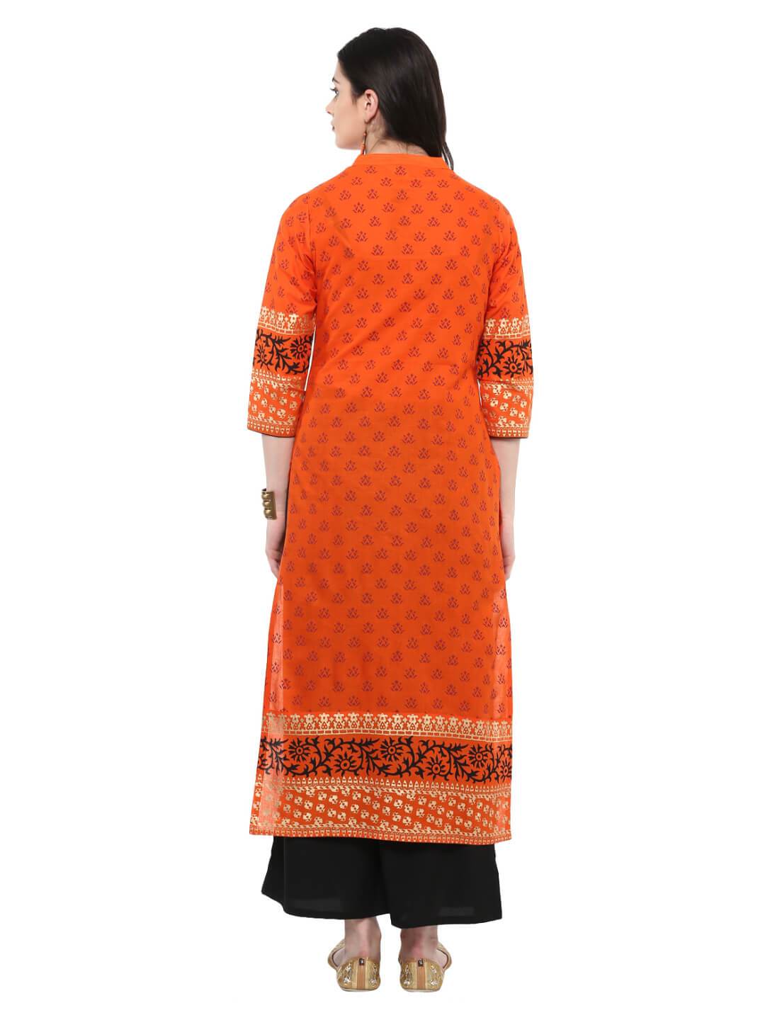 Orange Ajrakh Hand Block Cotton Printed Straight Kurta - Noor