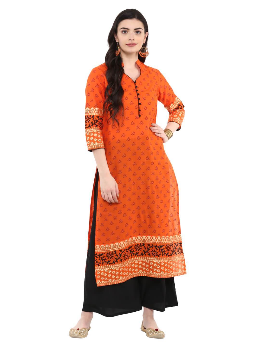 Orange Ajrakh Hand Block Cotton Printed Straight Kurta - Noor