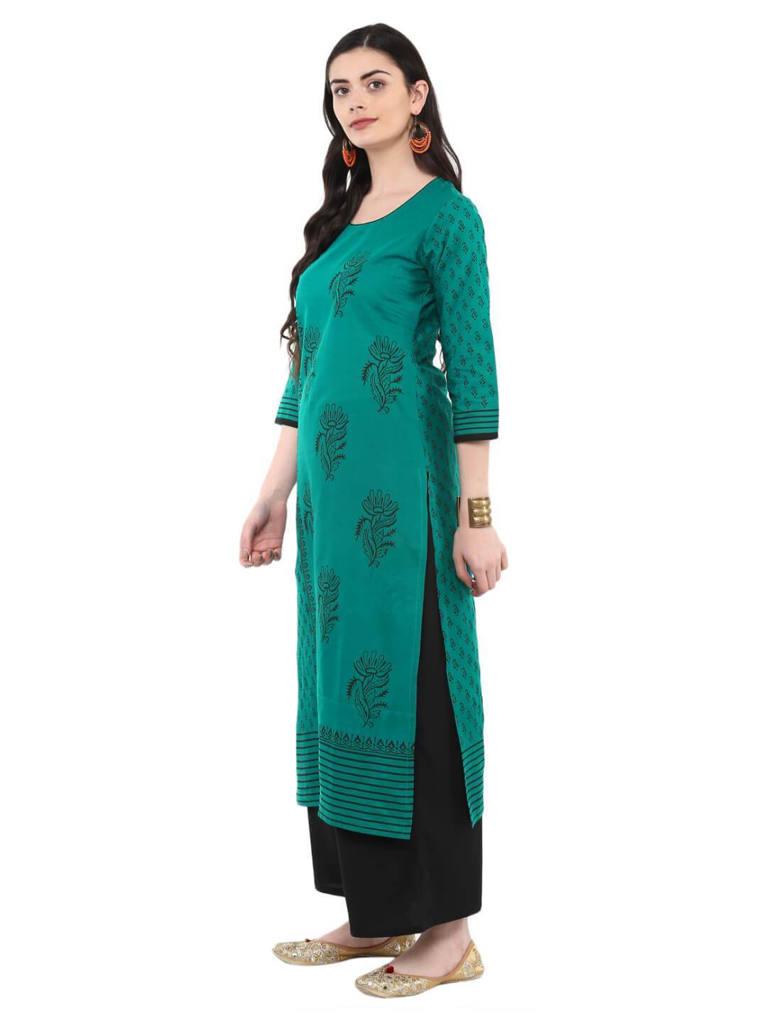 Turquoise Ajrakh Hand Block Cotton Printed Straight Kurta - Noor