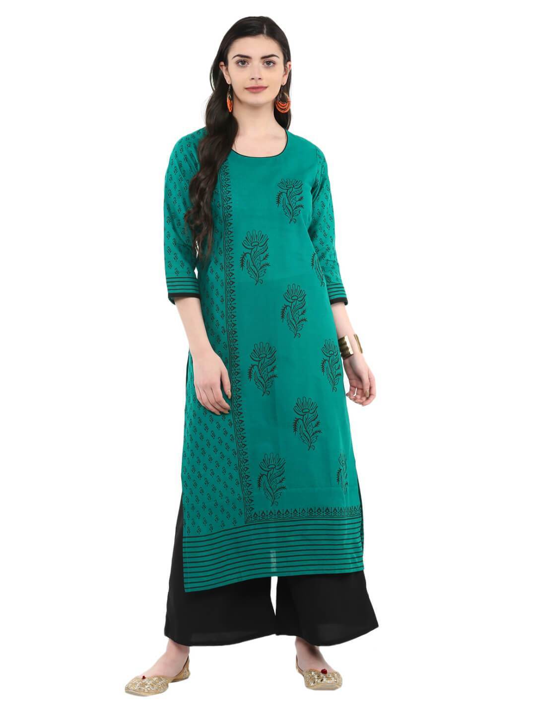 Turquoise Ajrakh Hand Block Cotton Printed Straight Kurta - Noor