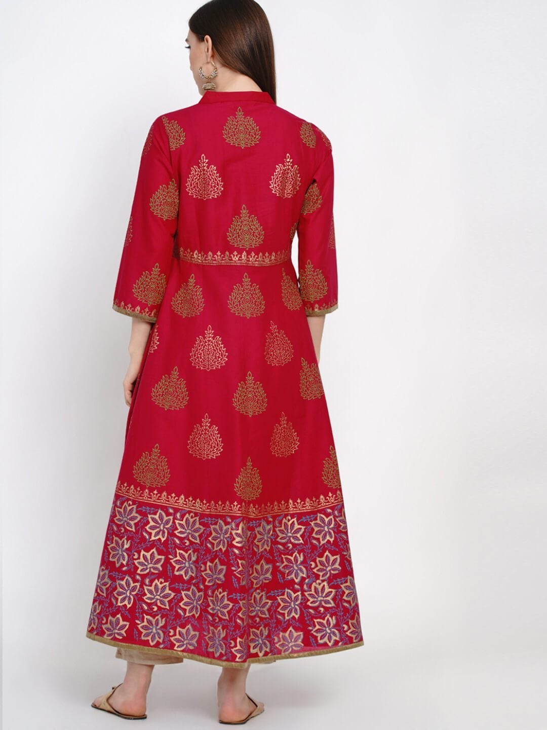 Festive Red Ajrakh Hand Block Cotton Printed Anarkali - Inayat