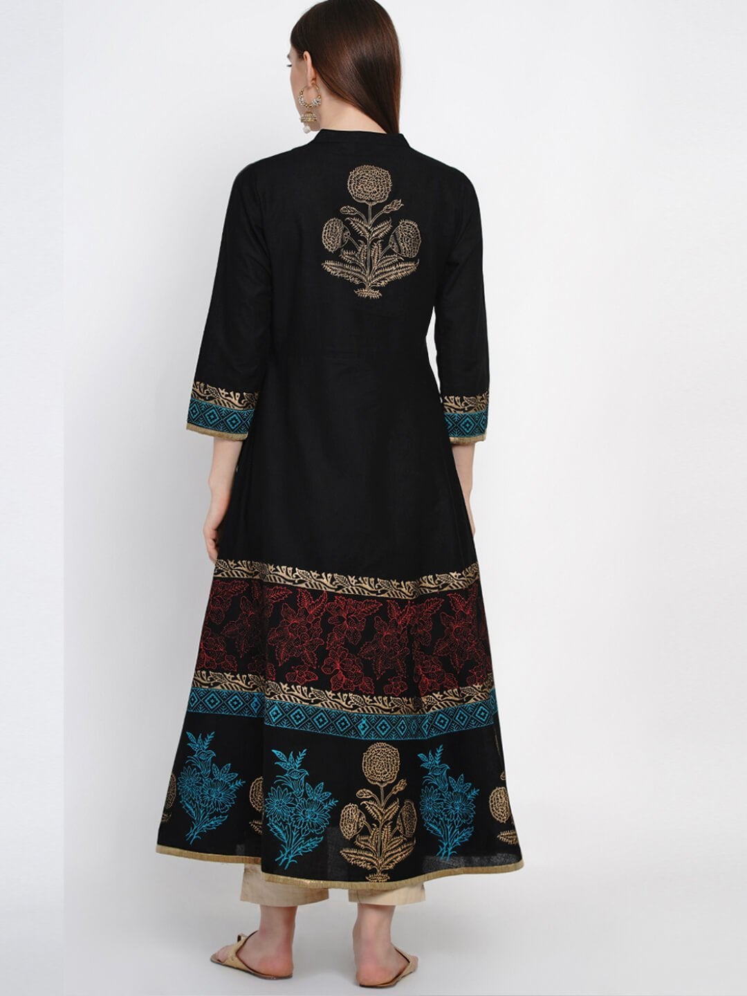 Traditional Black Cotton Anarkali with Ajrakh Hand Block Print - Inayat