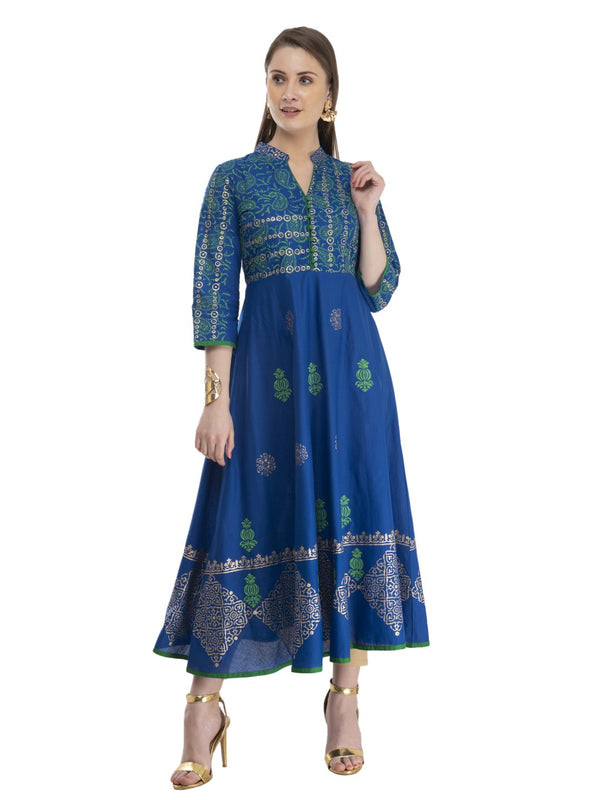 Royal Blue Cotton Anarkali with Ajrakh Hand Block Print | WomensFashionFun