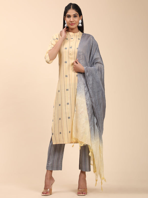 Women's Printed Straight Cotton Blend Yellow Stitched Kurta Pant With Dupatta | WomensFashionFun