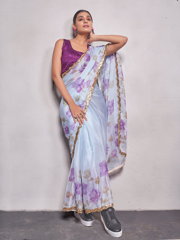 Women Party Wear Flower Printed Saree with Designer Un Stitched Blouse | WomensfashionFun.com