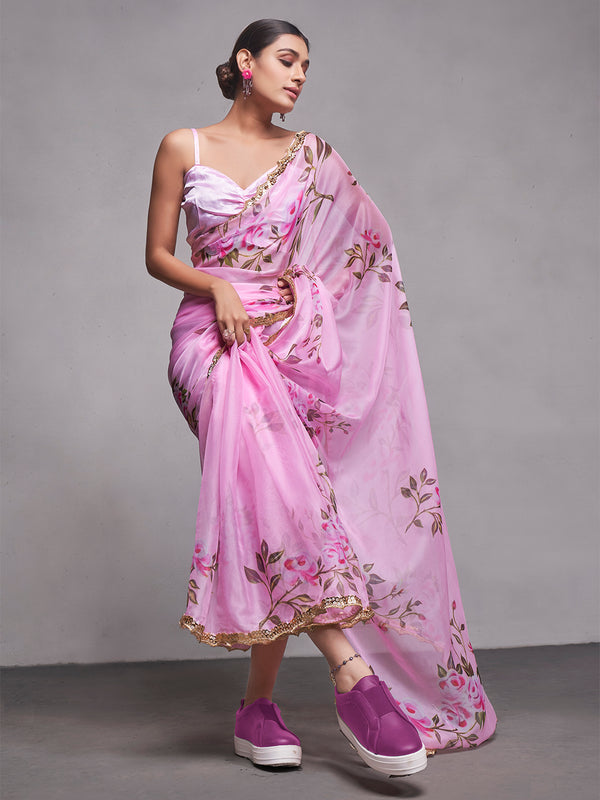 Women Party Wear Flower Printed Saree with Designer Un Stitched Blouse | WomensfashionFun.com
