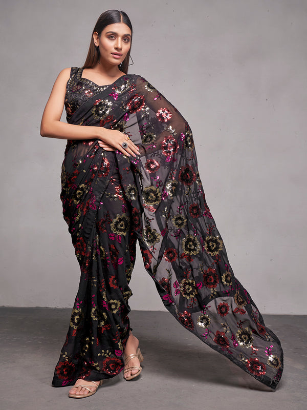 Women Party Wear Sequnce Worked Saree with Designer Un Stitched Blouse | WomensfashionFun.com