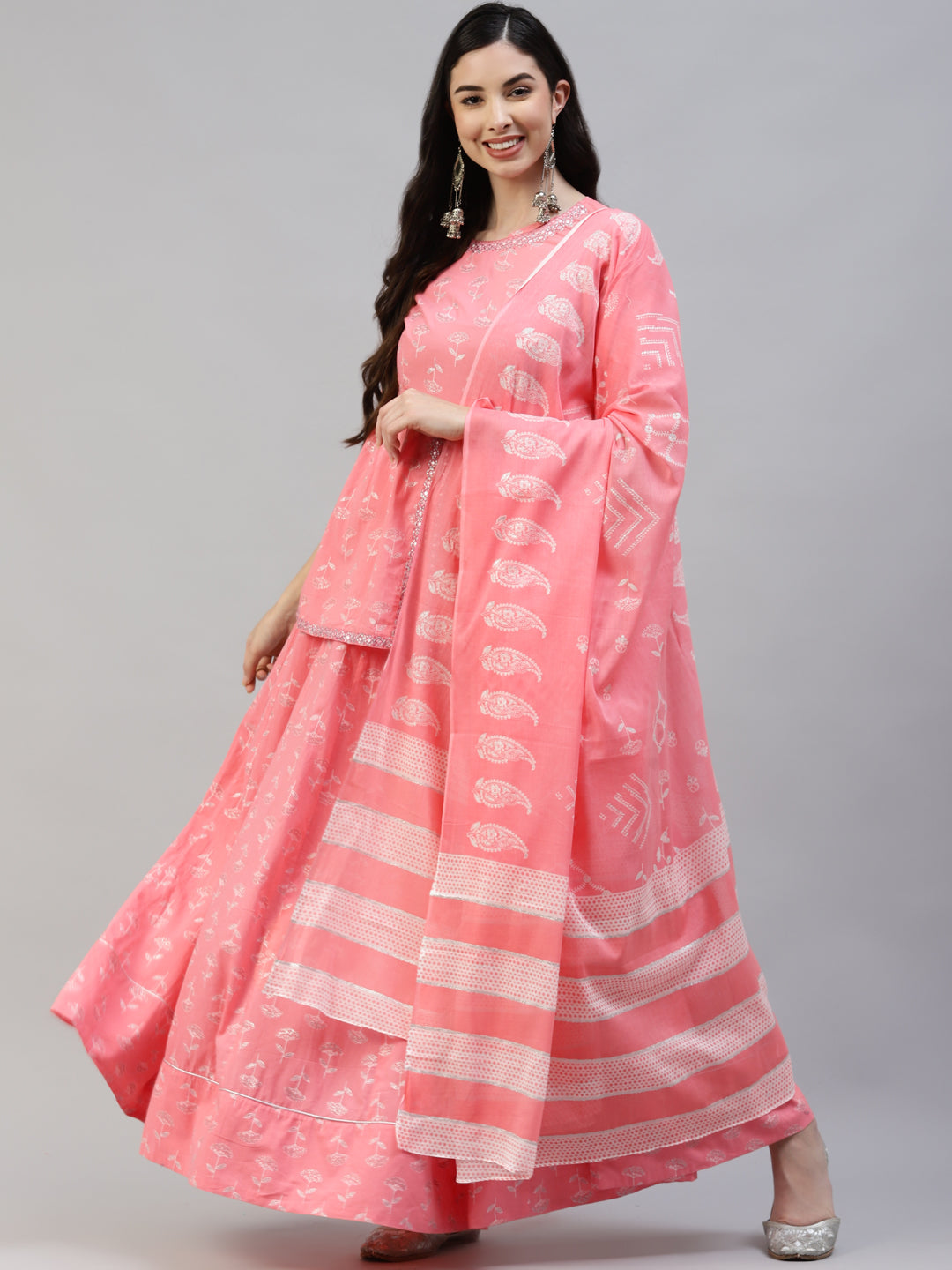 Women Pink Silver Zari Cotton Printed Lehanga and Choli wih Cotton Printed Dupatta WomensFashionFun