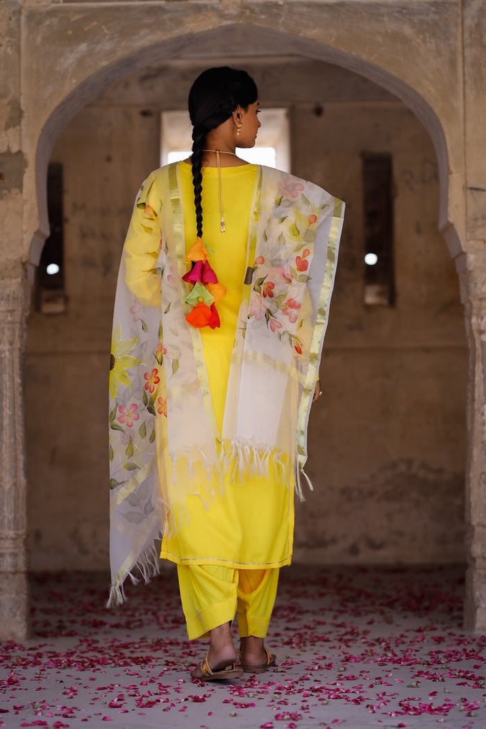 YELLOW SUIT SET WITH HAND PAINTED ORGANZA DUPATTA