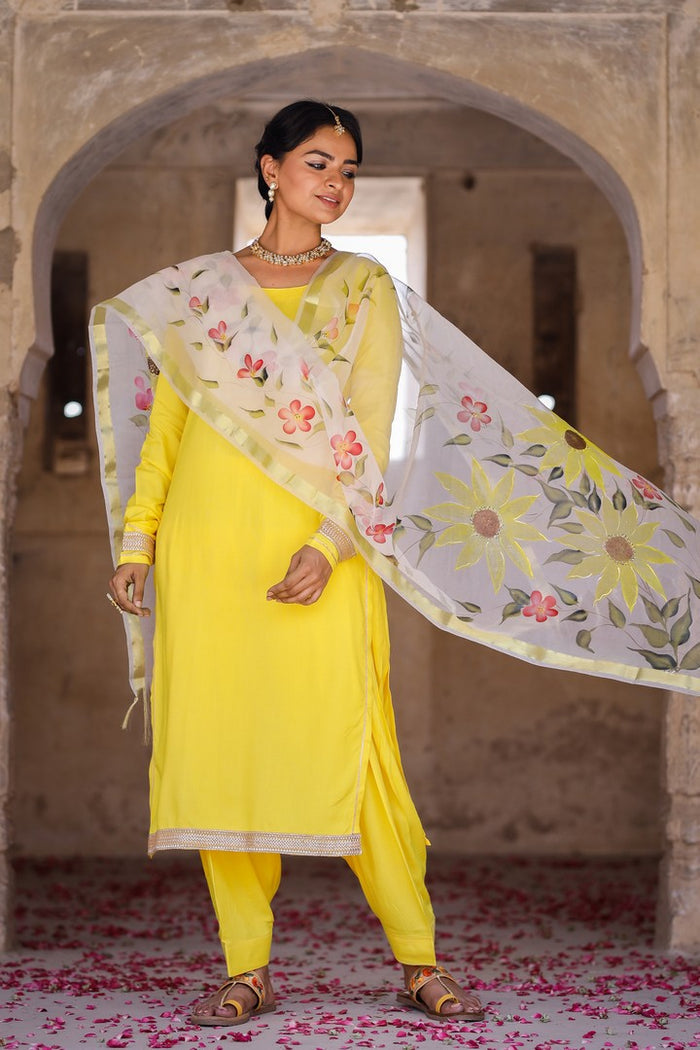 YELLOW SUIT SET WITH HAND PAINTED ORGANZA DUPATTA