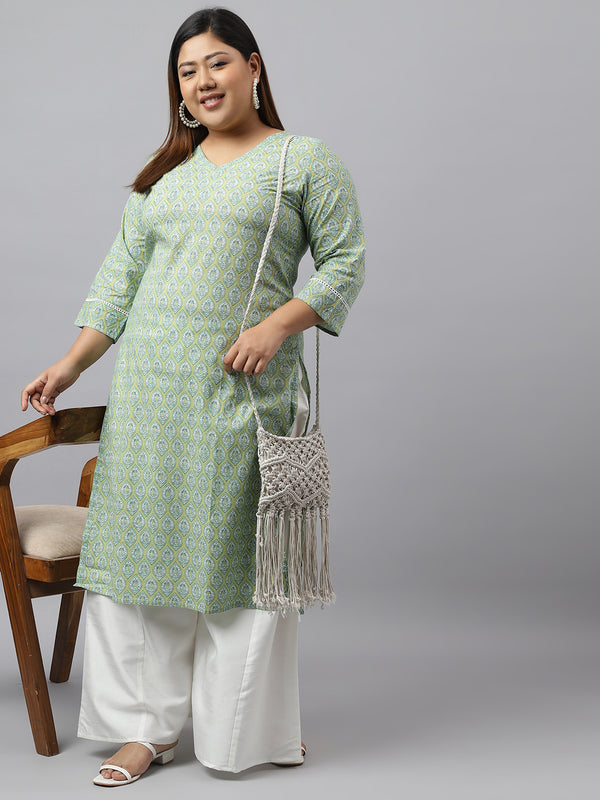 Buy Women Beige Green Ethnic Motifs Printed Cotton Kurta Online @ WomensFashionFun