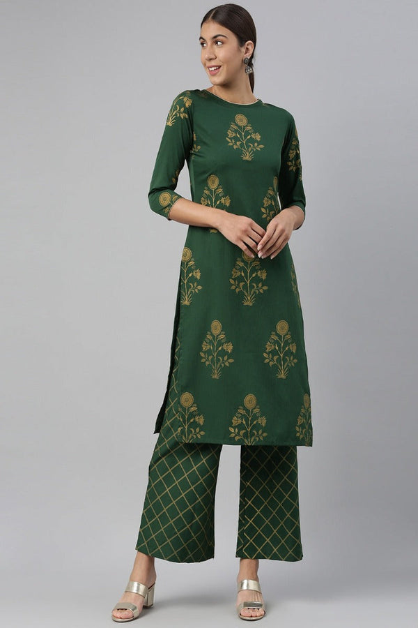 Green Polyester Floral Printed Kurta Set | WomensfashionFun