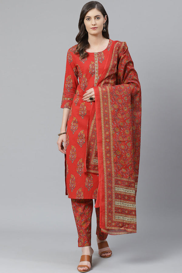 Red Floral Printed Polyester Straight Suit Set  | WomensfashionFun