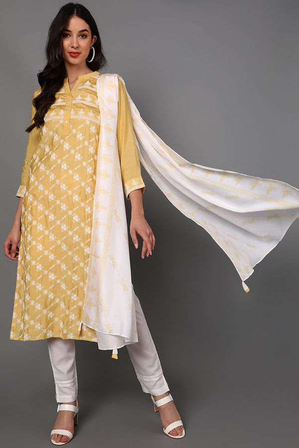 Yellow Poly Silk Ethnic Motifs Straight Suit Set | WomensfashionFun.com
