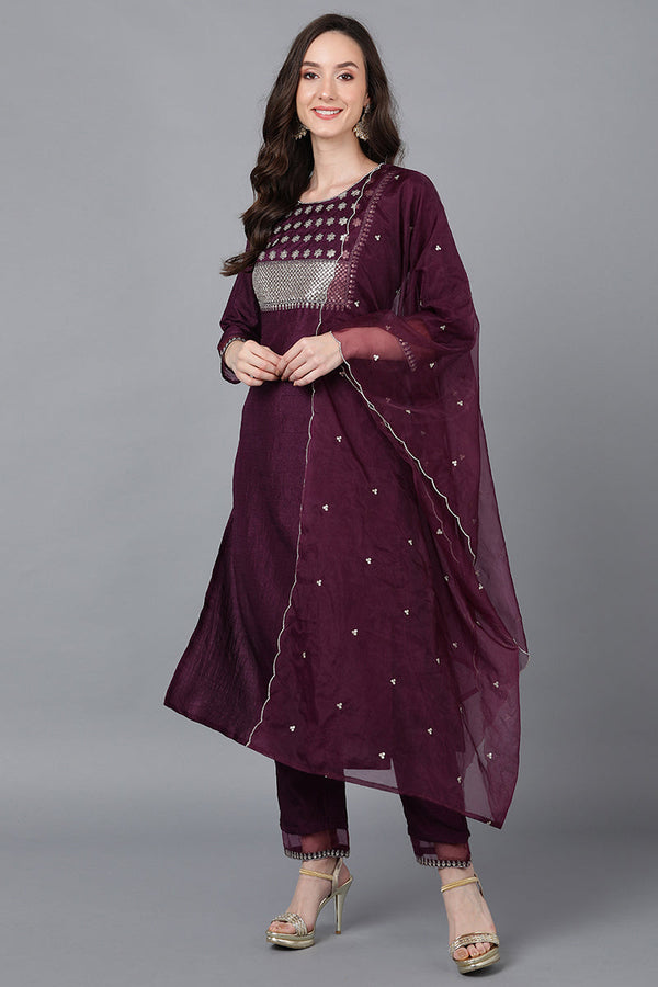 Purple Poly Silk Solid Straight Suit Set | WomensfashionFun.com