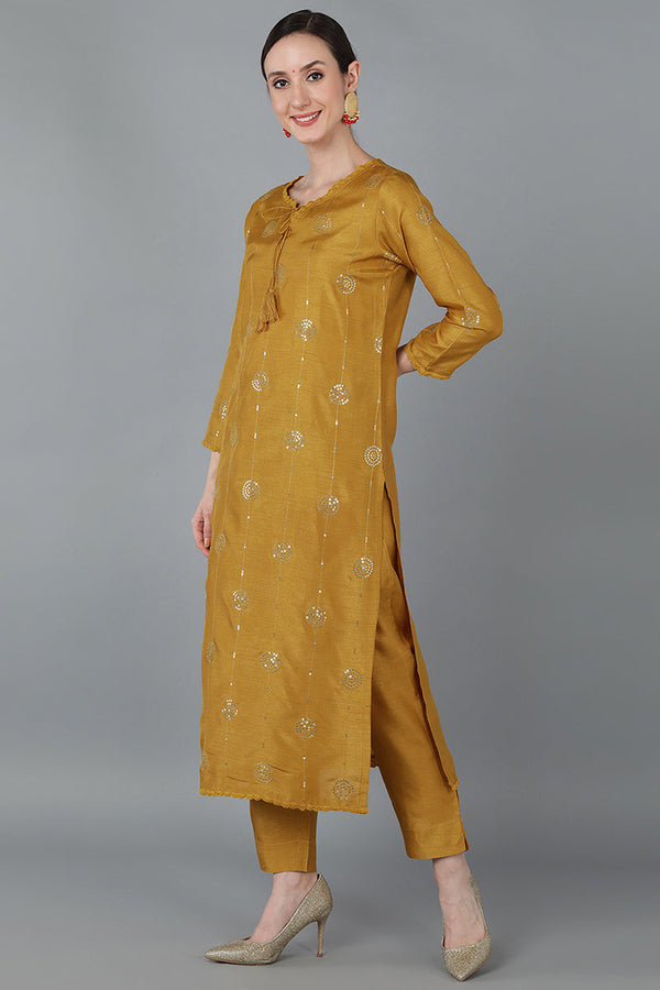 Mustard Silk Blend Ethnic Motifs Straight Suit Set | WomensfashionFun