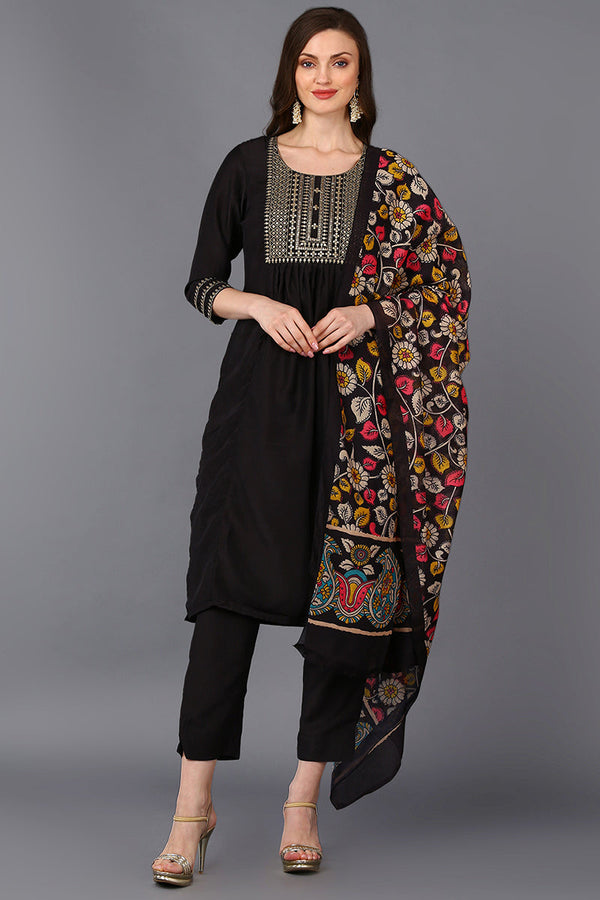 Black Silk Blend Solid Straight Suit Set  | WomensfashionFun