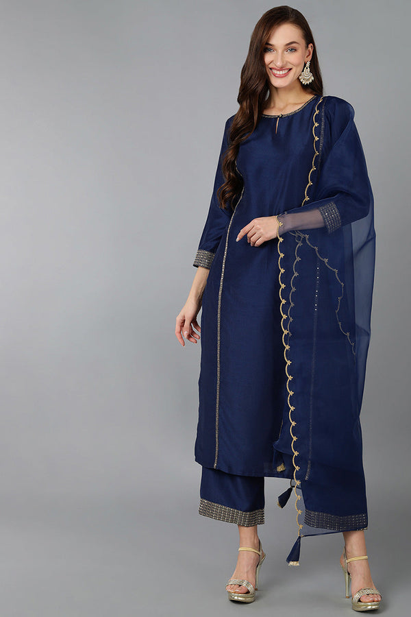 Navy Blue Silk Blend Solid Straight Kurta Trousers With Dupatta | WomensfashionFun