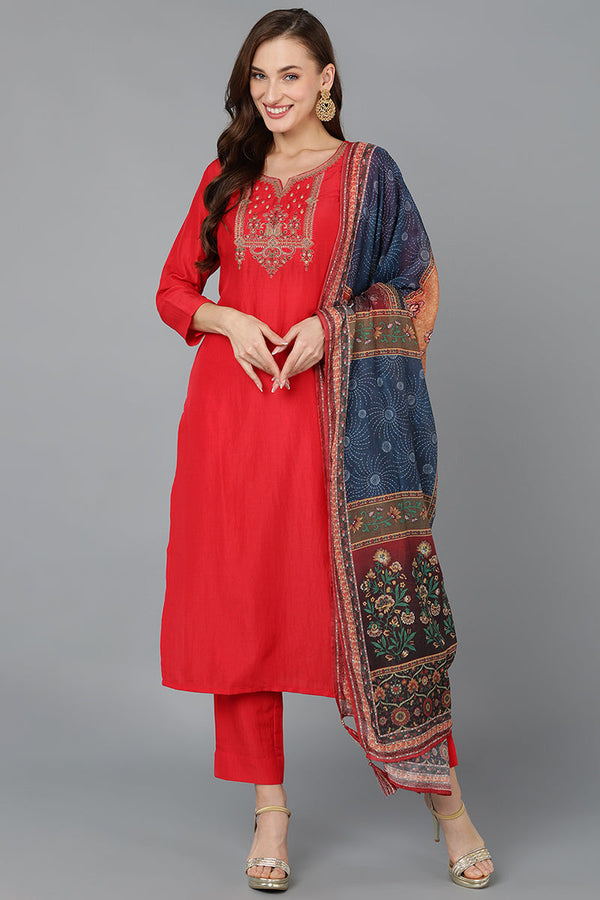 Silk Blend Red Embroidered Straight Kurta Pant With Dupatta  | WomensfashionFun